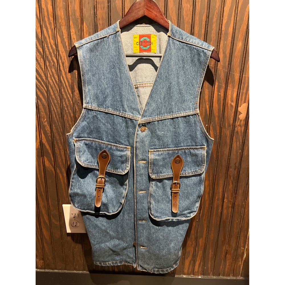 Vintage C'est Moi Denim Utility Vest Blue Longline Buckle Pocket Workwear XL